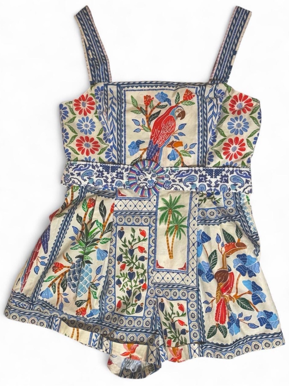 FARM Rio Tropical Tiles Belted Poplin Romper Jumpsuit size XL NWT see belt pic